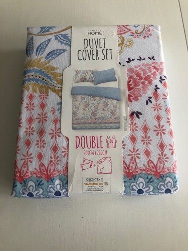 Primark Blue Pink Yellow Paisley Print Double Size Duvet Cover Bedding Set Fresh