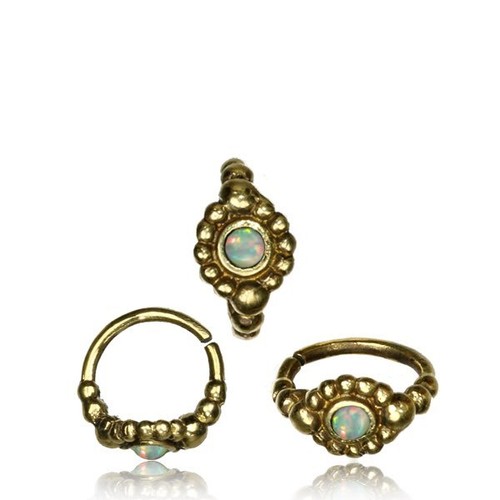 20G TRIBAL BRASS NOSE RING 7MM RING NOSE STUD HELIX FAUX WHITE OPAL STONE HOOP
