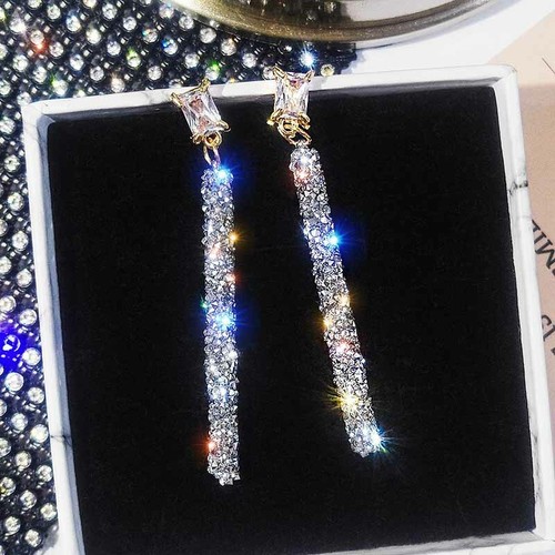 Fashion Women Long Tassel Crystal Rhinestone Silver Drop Dangle Party Earrings