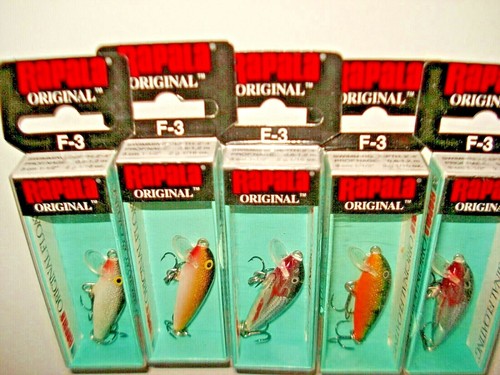 Lot of 5- Rapala Original Floating F-3 Fishing Lures--Balsa--S--G--SH--P--V