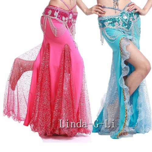 New One side slit with Gold sequins Long Belly Dance Skirt 7 Colors choices 1//1