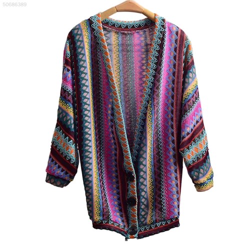 Ladies Retro Boho Ethnic Stryle Rainbow Weave Stripe Knit Sweater Cardigan Coat