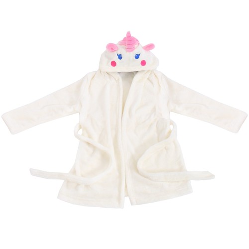 KIDS SOFT HOODED DRESSING GOWN GIRLS BOYS DINOSAUR OR UNICORN DESIGN COSY FLEECE