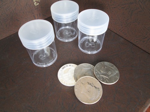 3 Round Clear Plastic Half Dollar Size Coin Storage Tube Holders w//Screw Lid