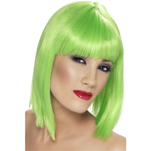 Glam Wig Short Fancy Dress Neon Ladies Blunt Fringe Green Costume Bob