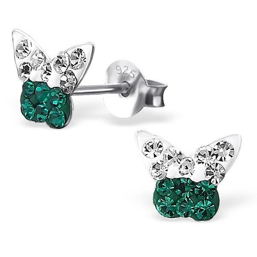 Childrens Kids Girls 925 Silver Butterfly Ear Studs with Crystal-Free Gift Box