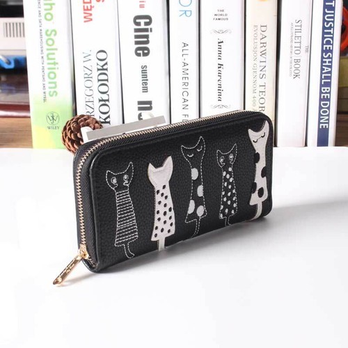 Women Leather Zipper Cute Cat Wallet Long Credit Card Holder Purse Handbag US