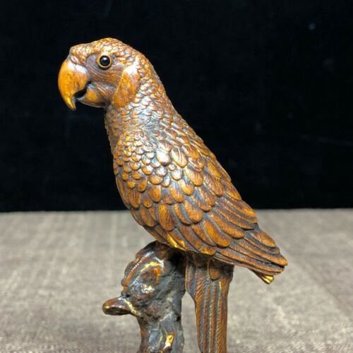 Old Vintage Boxwood Collectible Carved Japanese Netsuke Parrot Ornament Statue