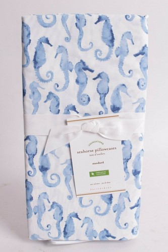 2 NWT Pottery Barn Seahorse standard pillowcases beach ocean sea horse blue