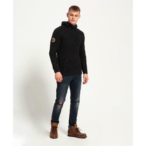 NUOVO Uomo Superdry Lavorato a Maglia mariner Felpa con cappuccio medium large nero £ 74.99 con lavorazione a trama grossa