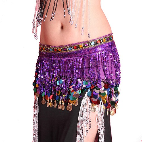 Women Belly Dance Hip Skirt Scarf Wrap Belt w// Coins Sequin Tassel Hipscarf Band