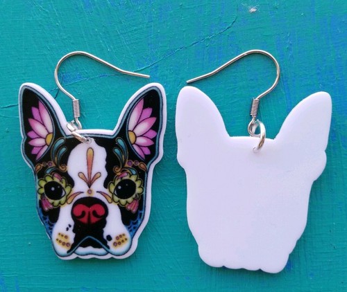 Floral Design French Bulldog Drop Earrings One Pair