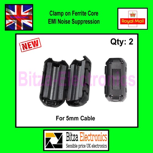 2 PZ Clip per RFI EMI NUCLEO DI FERRITE PER CAVI 5mm Venditore Regno Unito