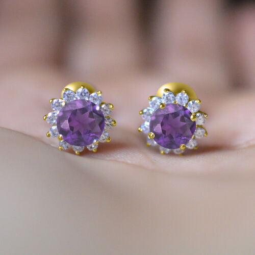 Women Flower Round Amethyst Screw Back Stud Earrings 14K Yellow Gold Finish
