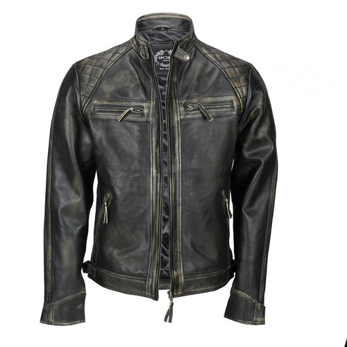 Mens Real Leather Washed Brown Black Vintage Zipped Smart Casual Biker Jacket