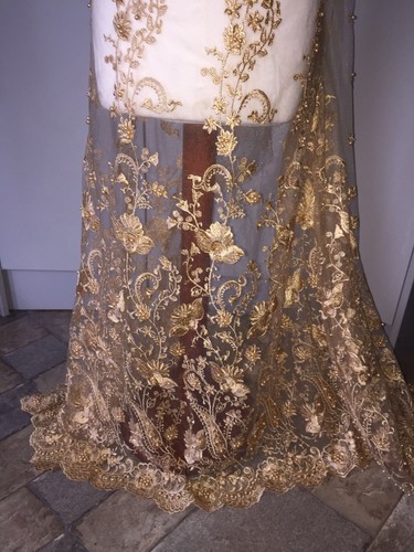 5 MTR BEIGE GOLD SOFT EMBROIDED PEARL BRIDAL LACE NET FABRIC..52/" WIDE £59.99