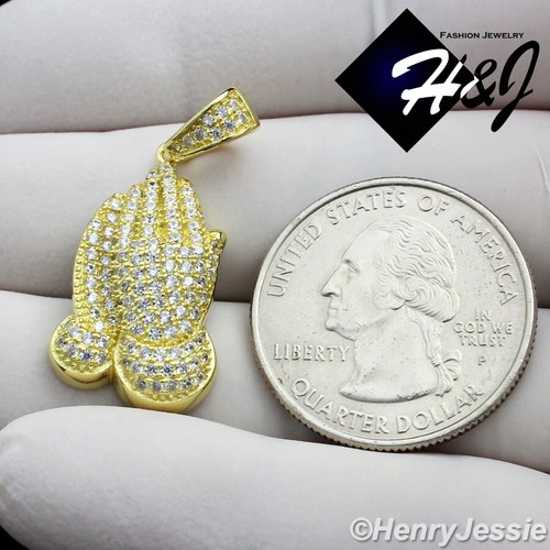 MEN WOMEN 925 STERLING SILVER ICY DIAMOND GOLD PRAYING HANDS CHARM PENDANT*GP114