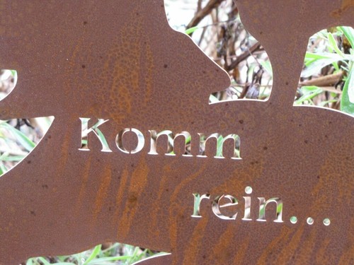 Edelrost Aufsteller Hexe Komm rein 48 cm Hexen Gartendeko Rost Metall Dekofigur