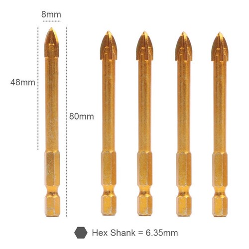 5X Hex Titanium Ceramic Tile Glass Drill Bit Carbide Cross Spear Head 6//8//10 MM