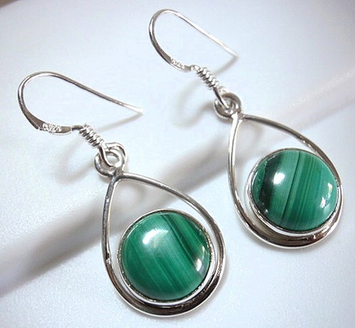 Malachite Globe 925 Sterling Silver Dangle Earrings Dangle Drop Green Hoop New