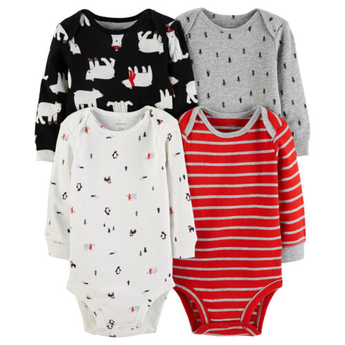 CARTER/'S 4PK PENGUINS POLAR BEARS STRIPE L//S COTTON BODYSUITS SET 6M 12M 18M