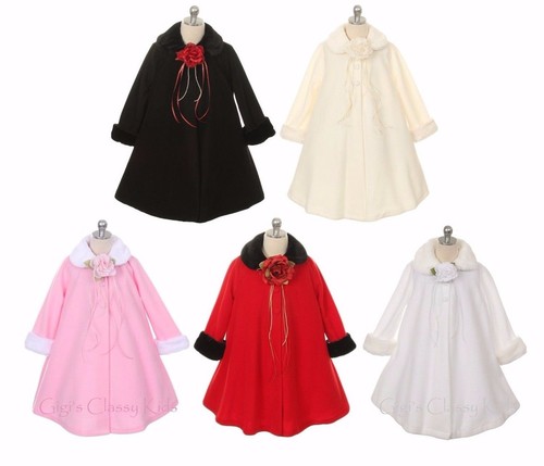 New Girls Fleece Coat Winter Christmas Fur Trim Baby Toddler Fall Wedding Kids