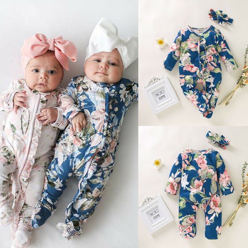 Newborn Infant Baby Girl Boy Footed Sleeper Romper Headband Floral Print Outfits