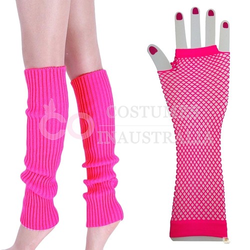 80s Neon Hot Pink Fishnet Gloves Leg Warmers 80/'s Party Girl Costume Accessories