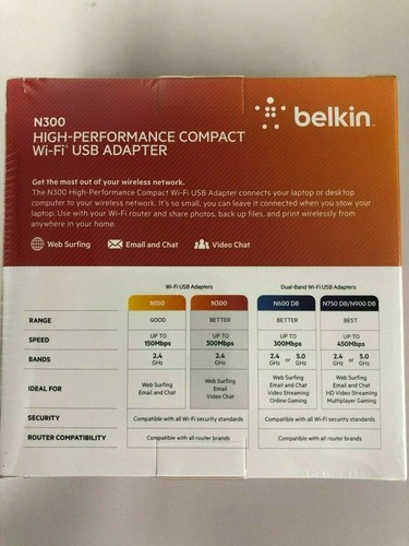 Belkin N300 Micro Wireless Wi-Fi N USB Adapter Laptop or Desktop Computer NEW™