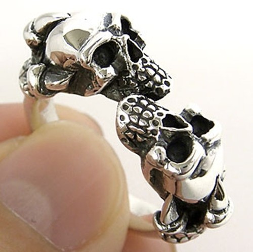 HEAVY DOUBLE SKULL CLAW STERLING 925 SILVER RING