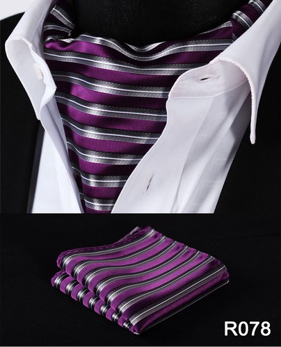 Check Striped Men Silk Cravat Ascot Tie Handkerchief Set #RM2