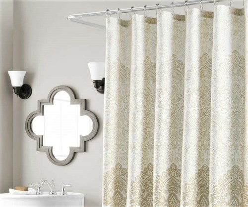 Aprima Sparkling Gold Ombré Damask Metallic Weave Textured Fabric Shower Curtain