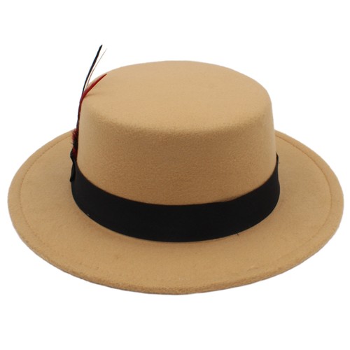 Men Women Flat Top Pork Pie Hats Boater Sailor Caps Sunhat Wool Wide Brim Size L