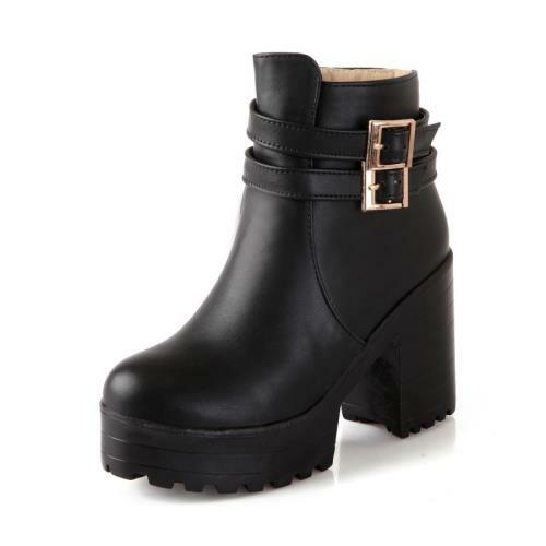 Details about / Winter Women Round Toe High Block Heel Platform Buckle Ankle Boots Nightclub D