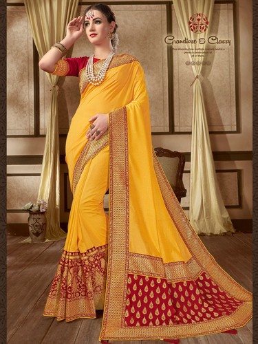 Indian Sari Saree /& Blouse Bollywood Party Wear Yellow Woven Crepe Silk 1378
