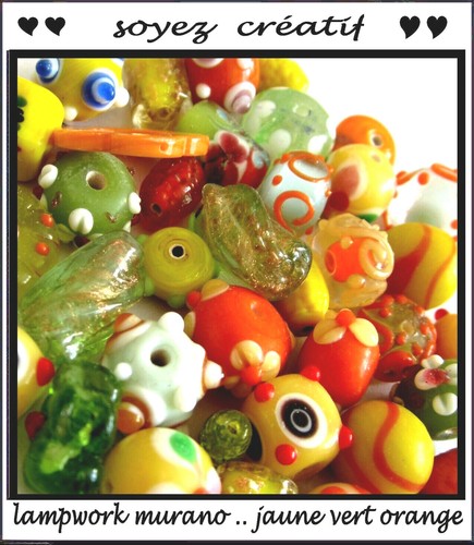 20 GRS PERLES MIXTE LAMPWORK MURANO MILLEFIORI ASSORTIMENT JAUNE VERT ORANGE DIY