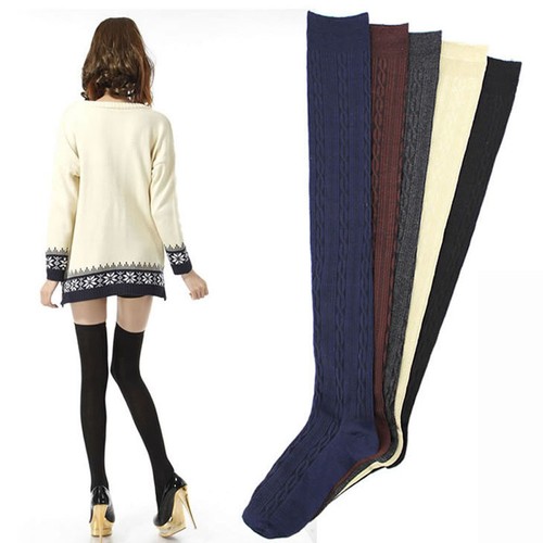 Braid Winter Stockings Over Knee Warm Thigh-Highs Knitted Hose Stockings