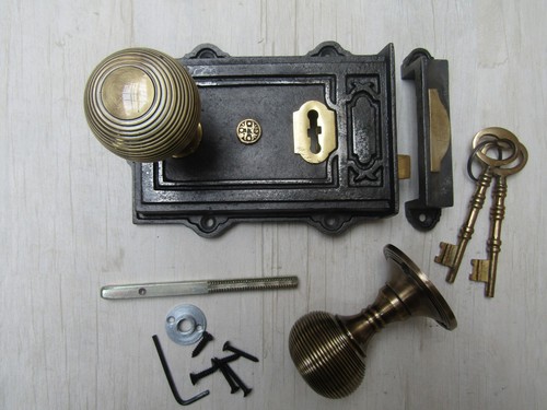 Rustique Old English Vintage Victorian Chambre à Coucher Rim Porte Bouton Poignée Loquet Ensemble
