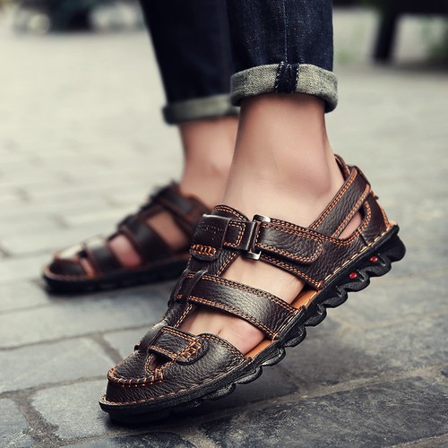 Mens Big Size Hiking Genuine Leather Sandals Closed Toe Fisherman Beach Shoes