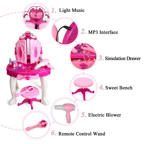 Pink Make Up Vanity Table For Little Girls with Sound and Light Mirror Xmas Gift