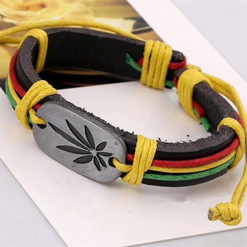 Leather Charm Bracelet Reggae Rasta Jamaica Lucky Leaf