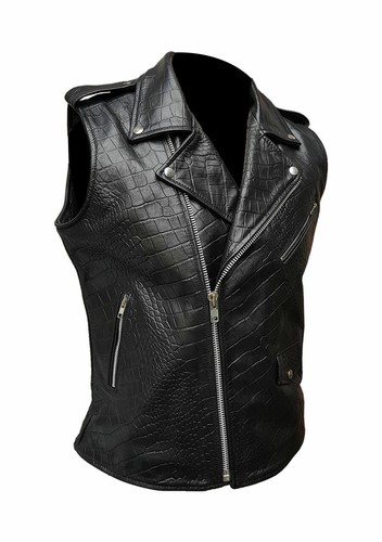 Mens Bikers Vest Black Crocodile Print Leather Black Sleeveless Waistcoat