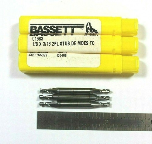 Lot of 3 Bassett #01683 1//8/" X 3//16/" 2FL STUB Double End TC Carbide End Mill