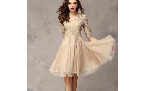 Élégant robe de soirée beige avec dentelle broderie robe de cocktail abiballkleid
