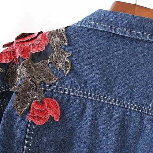 2017 women spring red frolwer floral embroidery tassels blue denim jacket coat