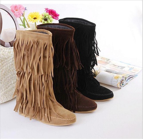 Women/'s Casual en daim synthétique Frange Pompons Talon Plat Bottes Mi-Mollet Slouch Chaussures