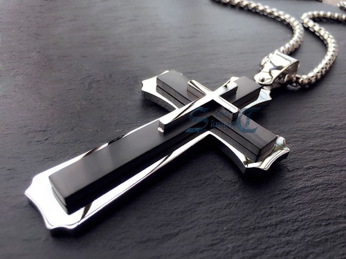 Men Large Polish Stainless Steel Three Giant Cross Pendant Necklace Silver//Black