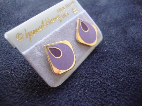 VINTAGE SAMUEL HUANG CLOISONNE EARRING LAVENDER /& PURPLE ENAMEL GOLD FILLED POST