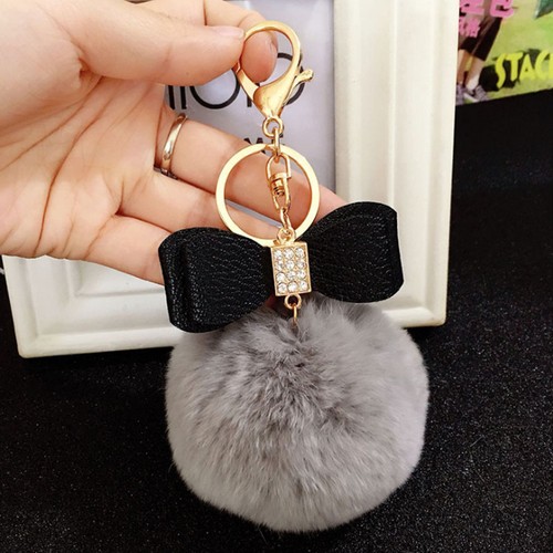 Bowknot Fur Pom Keychain Real Rex Rabbit Fur Ball Key Chains Bag Pendant New