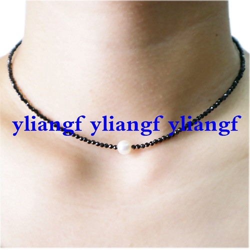 Natural 2mm Black Spinel /& Freshwater Pearl Gemstone Silver Choker Necklace 18/'/'